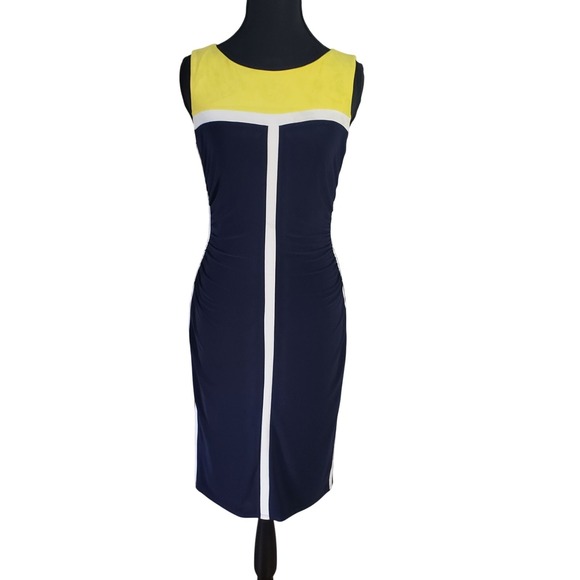Lauren Ralph Lauren Colorblock Ruched Sheath Dress Navy Yellow Size 2 - Picture 2 of 12